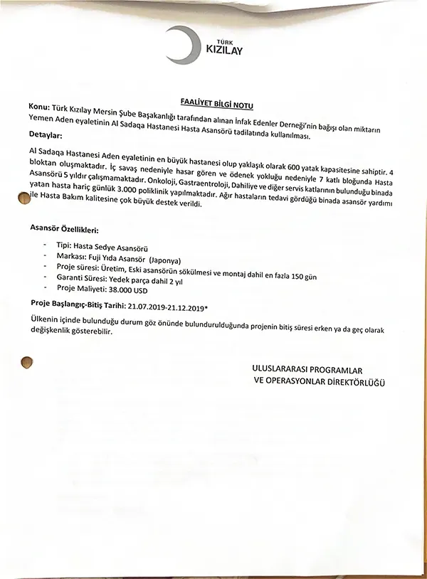 Yemen Al Sadaqa Hastanesi Hasta Asansörü Tadilatı